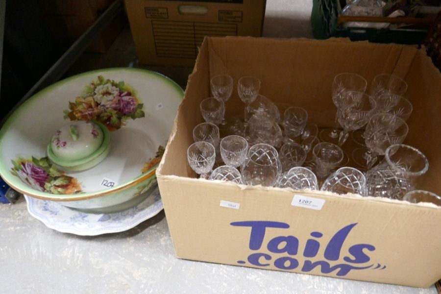 Box of good quality glassware including Thomas Webb lights, Webb glasses etc. Blue and white meat pl