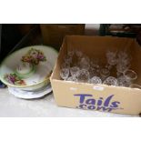 Box of good quality glassware including Thomas Webb lights, Webb glasses etc. Blue and white meat pl