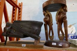 African carved side table and vintage shoe shine stool