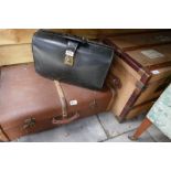 Vintage canvas and leather bound travel trunk, canvas case and leather doctor's bag