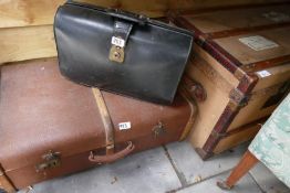 Vintage canvas and leather bound travel trunk, canvas case and leather doctor's bag