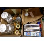 Two boxes of collectables to include brassware, porthole, canvas sandbags etc