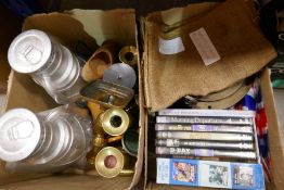 Two boxes of collectables to include brassware, porthole, canvas sandbags etc