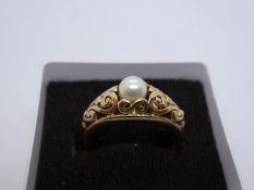 9ct yellow gold dress ring with single pearl set in floral design mount, size P, 3g approx, marked 3