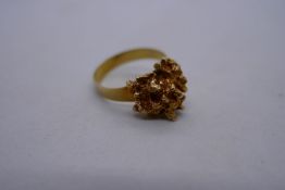 14K yellow gold rings with golden nugget applied decoration, marked 14ct, size M/N, 6.8g approx.