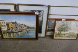 Oil on board depicting docked boats, entitled 'Meze Herault' signed BE Huntley 1977, also a pair of