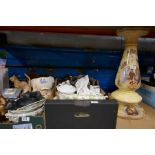 Two crates miscellaneous China including Wedgwood vase, Wedgwood elephant card box; model cats etc a