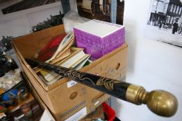 Box ephemera, books etc. includes vintage snooker cue