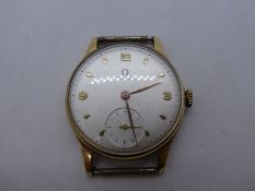 Vintage gents gold 'Omega' wristwatch with champagne dial and rose gold hands, winds and ticks, slig