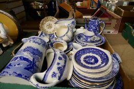 Two boxes of mixed china, mainly blue and white Mason china. Adderley and ware, continental figures