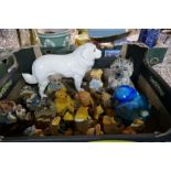 Box of teddy bear figures, Sylvac dogs and paper weight
