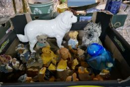 Box of teddy bear figures, Sylvac dogs and paper weight