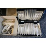 Box of silver plated cutlery, a pair of circular dishes, spoons marked 'Venetian silver' etc