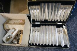 Box of silver plated cutlery, a pair of circular dishes, spoons marked 'Venetian silver' etc