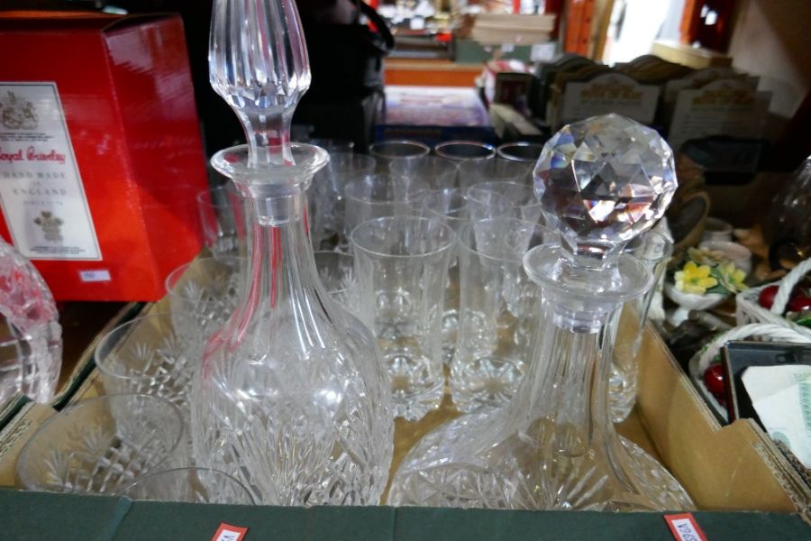 Two boxes of mixed glassware incl. boxed crystal drinking vessels, decanters etc