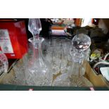 Two boxes of mixed glassware incl. boxed crystal drinking vessels, decanters etc
