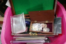 Crate of various old coinage, stamps, coinage packs etc