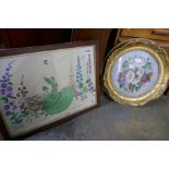 An old beadwork picture of flowers in a gilt frame and an embroidery