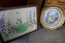 An old beadwork picture of flowers in a gilt frame and an embroidery