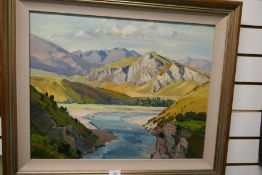 Douglas Badcock, New Zealand, a mid 20th Century oil of Shotover River, signed, labelled to reverse,