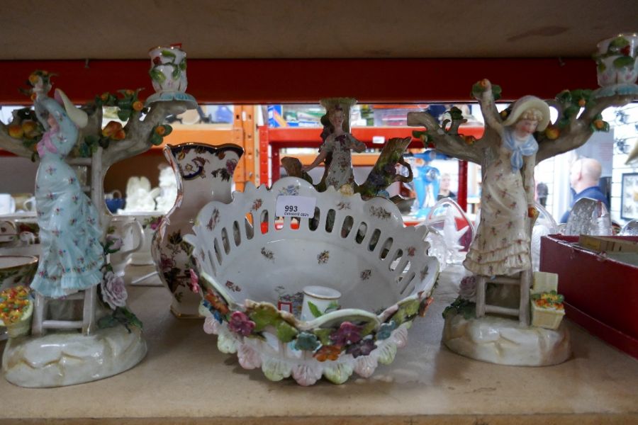 Thee 19th century porcelain figural candle sticks, bowl AF and Masons vase