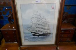 A modern firescreen having watercolour of a ship by S Savaker