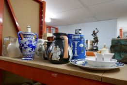 Large selection of glass, pottery and china plates, bowls, jugs, etc, including some made by Spode