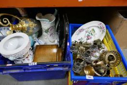 Crate of good quality brassware including candelabra, trophy etc. Box antique, later ceramics includ