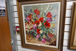 Gaston De Vel; 'Tulips', an oil of vase of flowers, signed and dated '71, 49.5 x 60cms