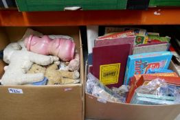 Box of vintage board games, teddys and dolls etc