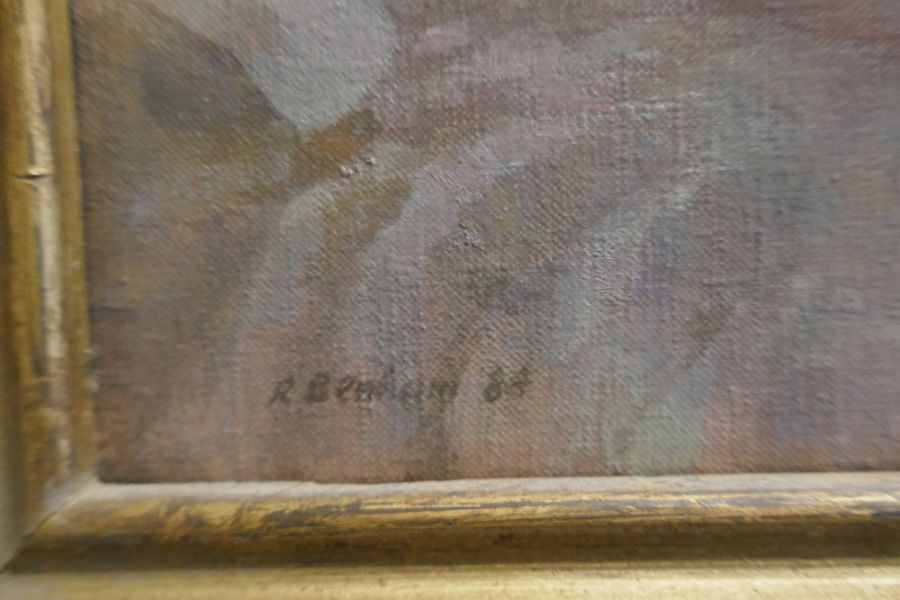 Ronald Benham; a late 20th century oil painting of female nude lying on bed reading, signed and date - Image 2 of 2