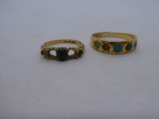 Two 18ct gold dress rings, both AF, one set turquoise with one stone missing. The other had stones i