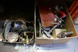 Two boxes of mixed metalware, brass, copperware, etc