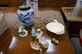 An old Chinese blue and white ginger jar and 5 Beswick Beatrix Potter figures and sundry