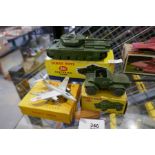 Dinky, a group of three military vehicles in original boxed to include Vantour aircraft