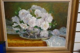 Ian Brown, 'White Camellias' an oil still life, signed by the New Zealand artist, 59 x 44cms