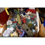 Box of mixed items to include diecast model vehicles, Indian peacock decorated bowl etc