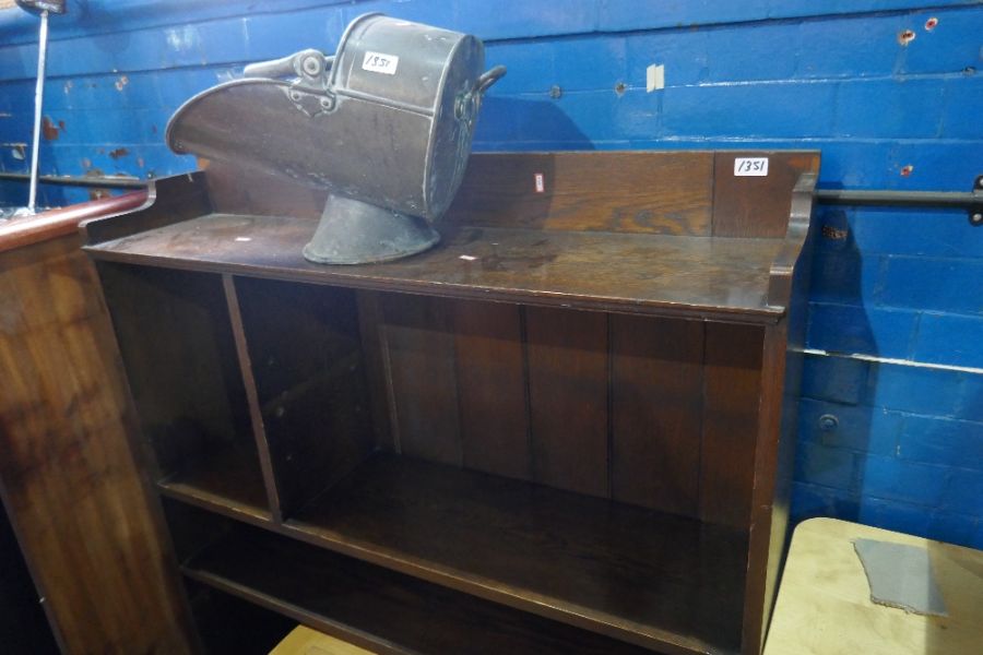 An old oak hanging corner cupboard an oak open bookcase and a copper scuttle - Image 2 of 3