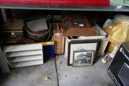 Two boxes of mixed metalware, sundry items, pictures, lamp, large urn etc