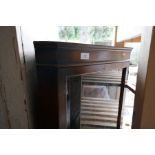 Pair of painted chairs, glazed corner cupboard, lamp and shelves