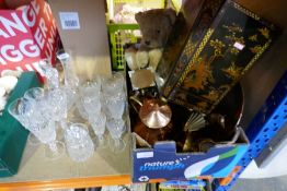 Box of collectables and metal ware, to include a copper tea set, connoisseur bear and a small quanti