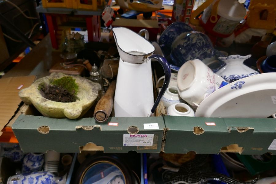 Four boxes of mixed China and collectables to include basin, jugs, stone etc