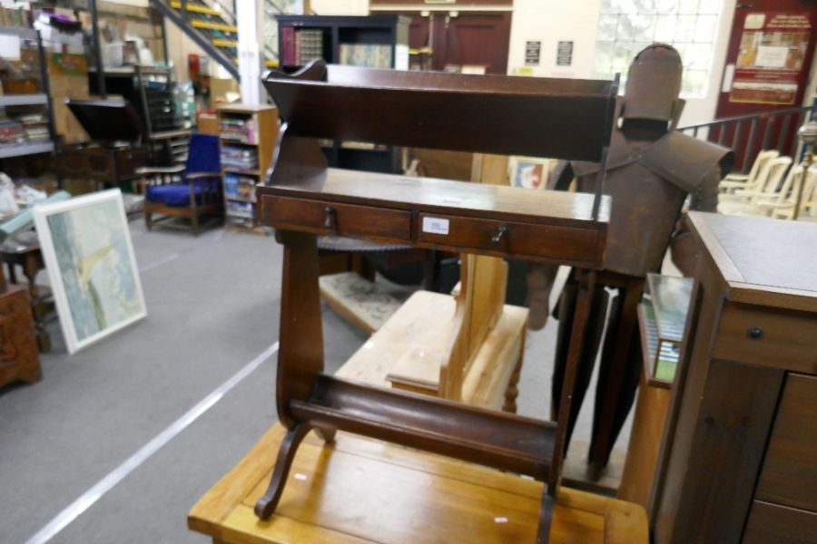 Vintage oak book stand with two small drawers and curved undertier - Image 4 of 4