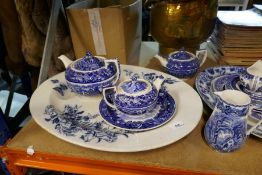 A quantity of blue and white tea ware to include Wedgewood teapots, plates, oriental decorate bowls
