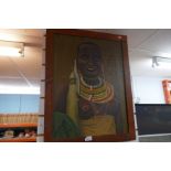 Three vintage painted board pictures depicting native African, possibly Masai male and female