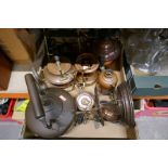 A box of brass and copper ware including kettle on stand along with glasses and anniversary ales, et