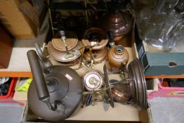 A box of brass and copper ware including kettle on stand along with glasses and anniversary ales, et