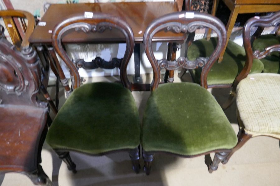 A set of 4 Victorian mahogany balloon back dining chairs upholstered in green velvet, another and vi