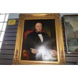A large Victorian portrait of a seated gentleman holding a quill in Gilt Gesso frame (oil on canvas)