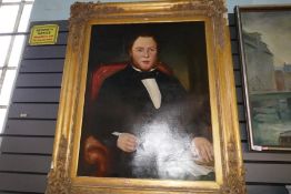 A large Victorian portrait of a seated gentleman holding a quill in Gilt Gesso frame (oil on canvas)